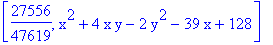 [27556/47619, x^2+4*x*y-2*y^2-39*x+128]
